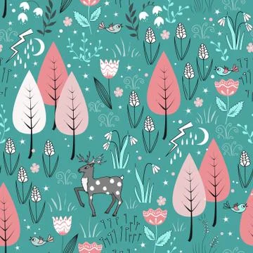 Spring pattern with deer, birds, flowers Stock Illustration