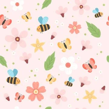 Spring pattern with flowers, bees and butterflies. Cute vector elements in flat Иллюстрация