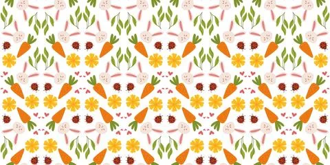 Spring pattern with flowers, ladybug, and bunnies in a cute, hand drawn vec.. Stock Illustration