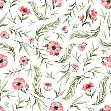 Spring pattern with green leaves and pink flowers on a light background. Hand Stock Illustration
