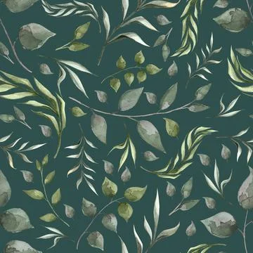 Spring pattern with green leaves on an emerald background. Hand drawn waterco Stock Illustration