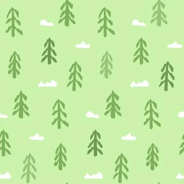 Spring pattern with hand drawn green fir trees Stock Illustration