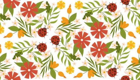 Spring pattern with ladybug, leaves, and flowers in a cute, hand-drawn vect.. Stock Illustration