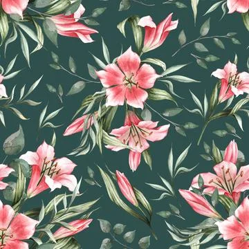 Spring pattern with pink lilies and green leaves on an emerald background. Gr Stock Illustration