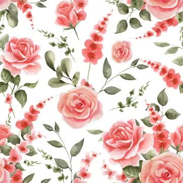 Spring pattern with pink roses, red flowers and green leaves. Watercolor flor Stock Illustration