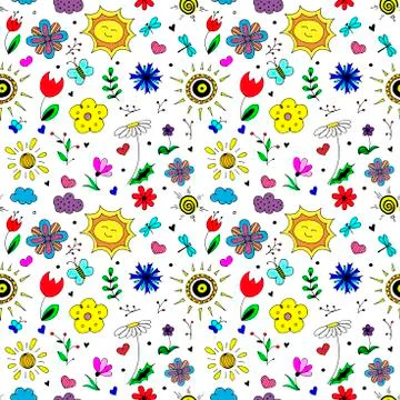 Spring pattern. Seamless vector backdrop. Simple cartoon objects and symbols on Illustrazione stock