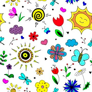 Spring pattern. Seamless vector backdrop. Simple cartoon objects and symbols on Illustrazione stock