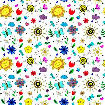 Spring pattern. Seamless vector backdrop. Simple cartoon objects and symbols on Illustrazione stock
