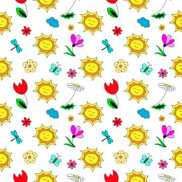 Spring pattern. Seamless vector backdrop. Simple cartoon objects and symbols on Stock Illustration