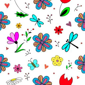 Spring pattern. Seamless vector backdrop. Simple cartoon objects and symbols on イラスト素材