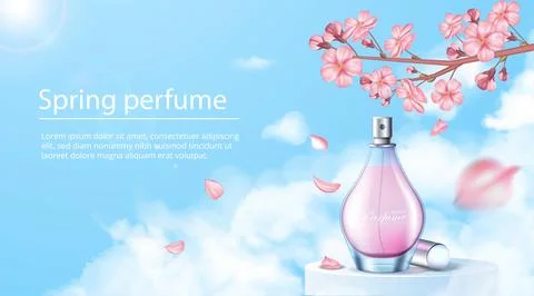Spring perfume poster. Bottle with pink parfume near sakura branch. Fragrance Stock-Illustration