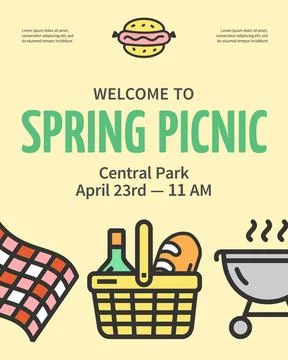 Spring Picnic Concept Vertical Placard Poster Banner Card Template. Vector Stock Illustration