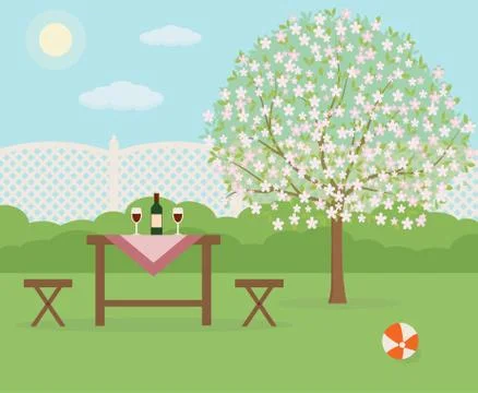 Spring picnic in garden. Stock Illustration