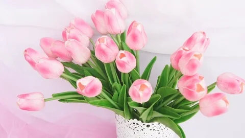Spring Pink and White Tulips in the Interior Video stock 73689230