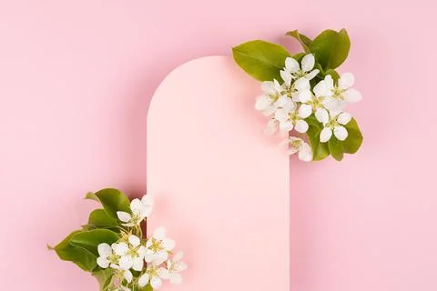Spring pink blank rounded arch pad for text mockup with gentle white apple tr Stock Photos