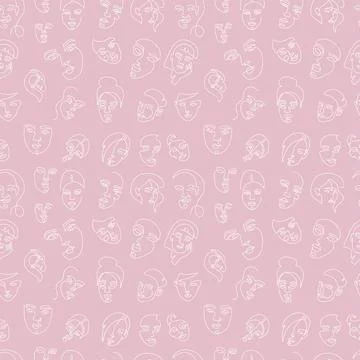 Spring pink seamless pattern. Outline silhouette of abstract female faces Stock Illustration