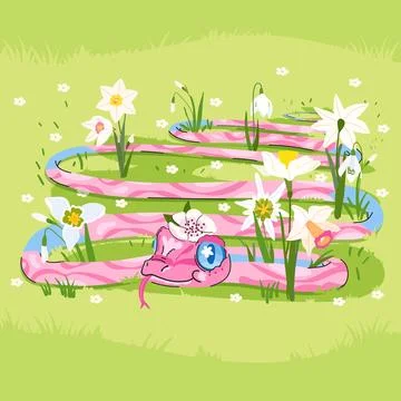 Spring pink snake with sakura and narcissus flower on green background Stock Illustration