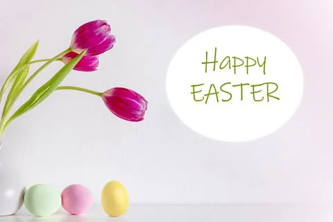 Spring pink tulip flowers with Easter eggs on pink background Stock Photos