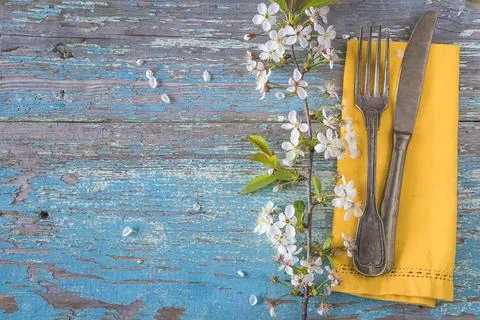 Spring place setting; Rustic blue paint wooden background with vintage fork.. Stock Photos