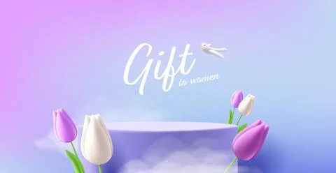 Spring podium mockup surrounded bu tulip flowers and clouds, romantic product Stock Illustration