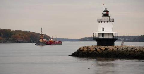 Spring Point Ledge Light Sparkplug Lighthouse Beacon Harbor Portland Maine... Stock Photos