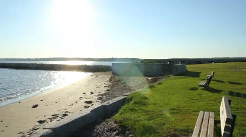 Spring Point Lighthouse and Beach w/Benches on Bright Sunny Morning, Med Pan Stock Footage 24816865