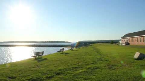 Spring Point Lighthouse and Benches on a Bright Sunny Morning, Wide Pan Stock Footage 24815274
