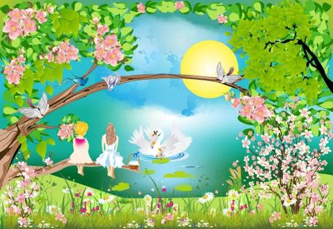 Spring on the pond Stock Illustration