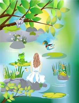 Spring by the pond, Stock Illustration