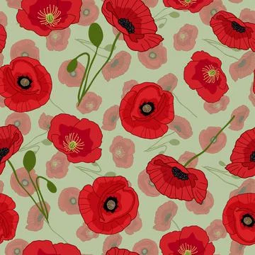 Spring poppy flowers seamless pattern on light green background design Stock Illustration
