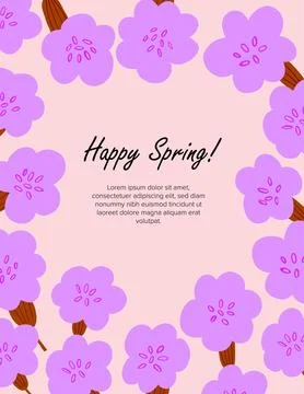 Spring postcard design with simple doodle flowers frame on pink background Illustrazione stock