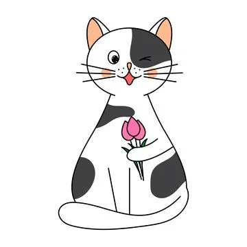 Spring postcard Hello Spring. Funny cute cat with a bouquet of pink tulips fo Stock Illustration