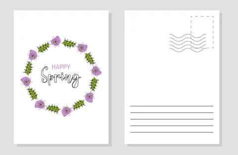 Spring postcard layout line art. Template. Color. Stock Illustration