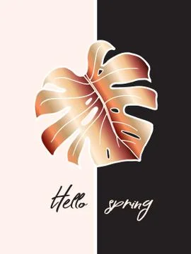 The spring poster with a bronze leaf of monstera Stock Illustration