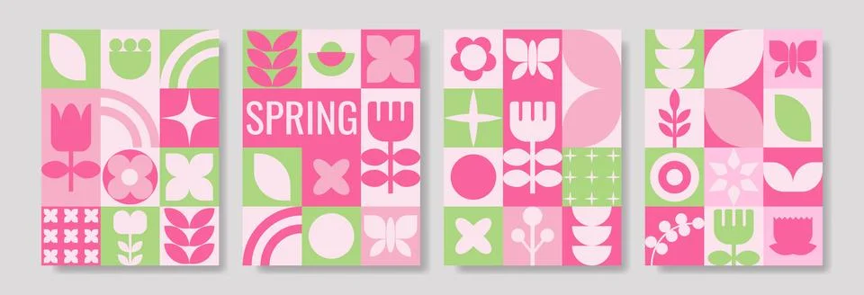 Spring poster set. Modern posters with geometric shapes Stock Illustration