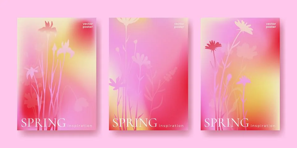 Spring posters set with pastel gradient and flower Illustrazione stock