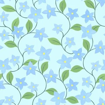 Spring print with delicate blue flowers. Watercolor intertwining stems. Stock Illustration
