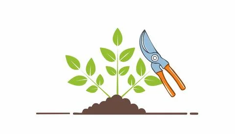 Spring pruning scene with orange handled shears cutting stems for tidy hedg.. Stock Illustration