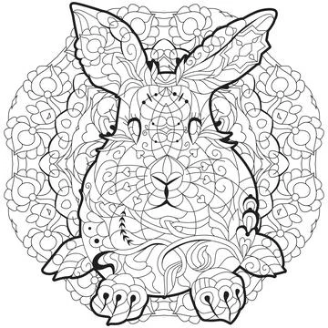 Spring rabbit on mandala. Coloring page for adult and children. Stock Illustration