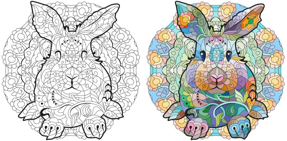 Spring rabbit on mandala. Coloring page for adult and children. Color and out Stock Illustration