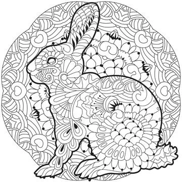 Spring rabbit on mandala. Coloring page for adult and children. Stock Illustration