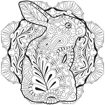 Spring rabbit on mandala. Coloring page for adult and children. Stock Illustration