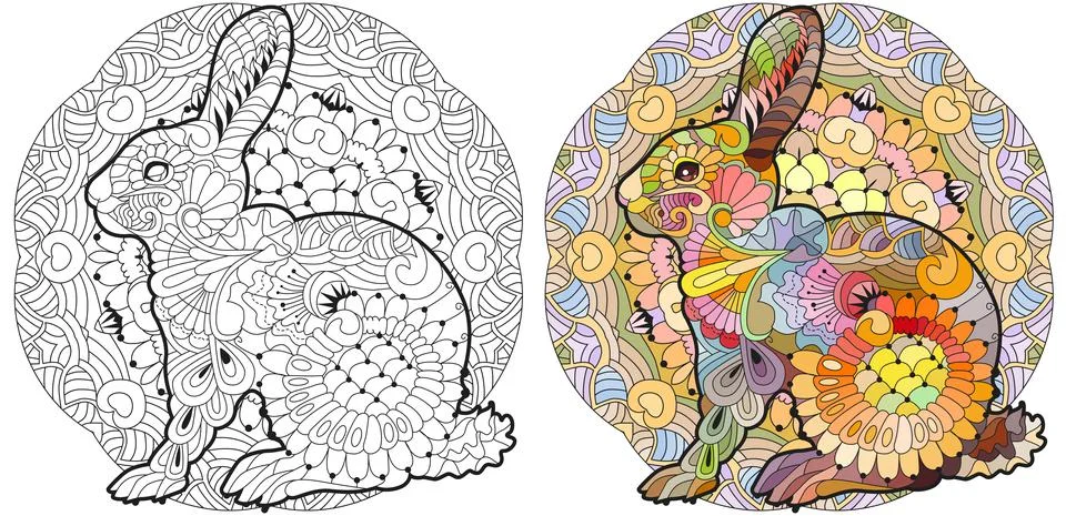 Spring rabbit on mandala. Coloring page for adult and children. Color and out Stock Illustration