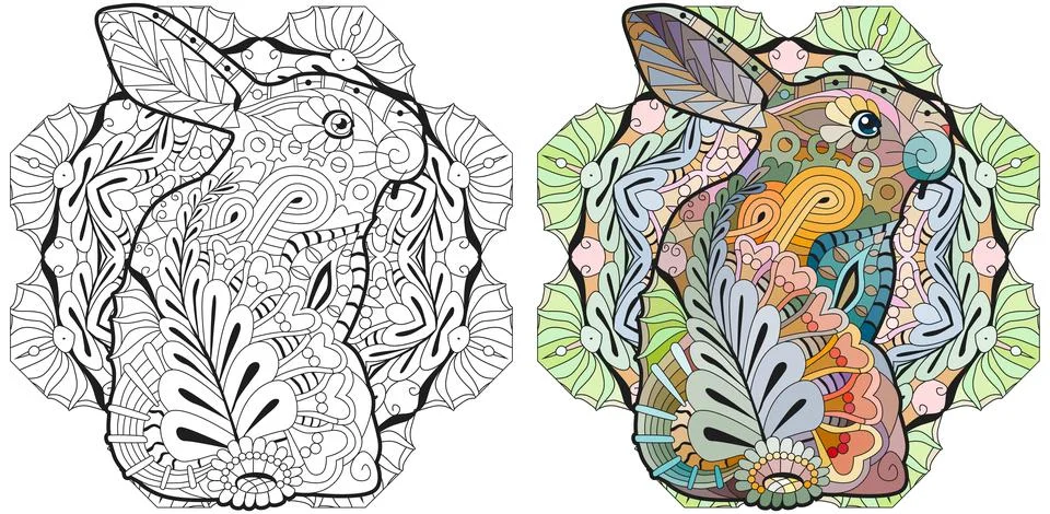 Spring rabbit on mandala. Coloring page for adult and children. Color and out Stock Illustration