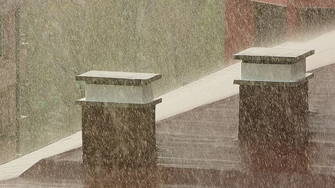 Spring rain on a rooftop with chimneys on a warm day 4K 60fps Stock Footage 88704874