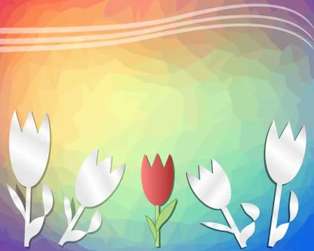 Spring rainbow triangle background with tulips cut out of paper Stock Illustration