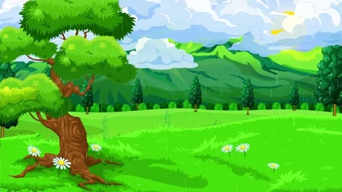 Spring rainy day landscape animation,mountain and trees and clouds Stock Footage 137446006