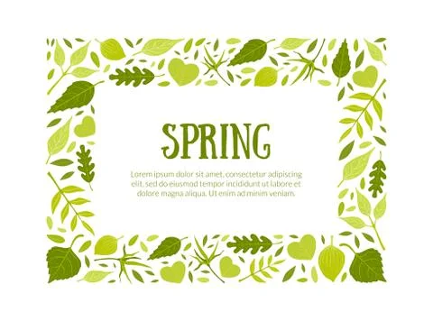 Spring Rectangular Frame, Green Leaves Border Template with Space for Text Stock Illustration