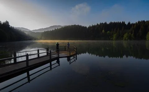 Spring. The reflection of the sun and trees in the lake at Savsat Karagol. Foto stock