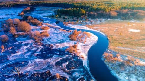Spring river aerial view Stock-Fotos